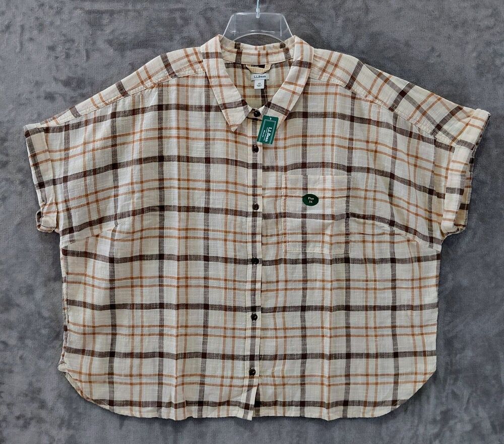 LL Bean Day Breeze Plaid Short Sleeve Button Front Shirt Women's 3X Tan NEW!